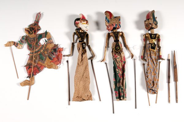 Collection of Puppets : Collection of Puppets Thai, 19th-20th century. Two Chinese miniature puppets clad in tattered but elegant costumes mostly made out of Thai silk. The puppets, housed in a wooden frame with a glass co