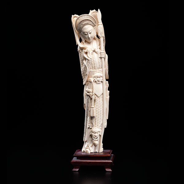 Fine Chinese Inked Ivory Carving of Female Warrior : Fine Chinese Inked Ivory Carving of Female Warrior Chinese, late 19th century. A finely carved and polished ivory figure of a female warrior holding a spear, and wearing an armor and a sword. Her be
