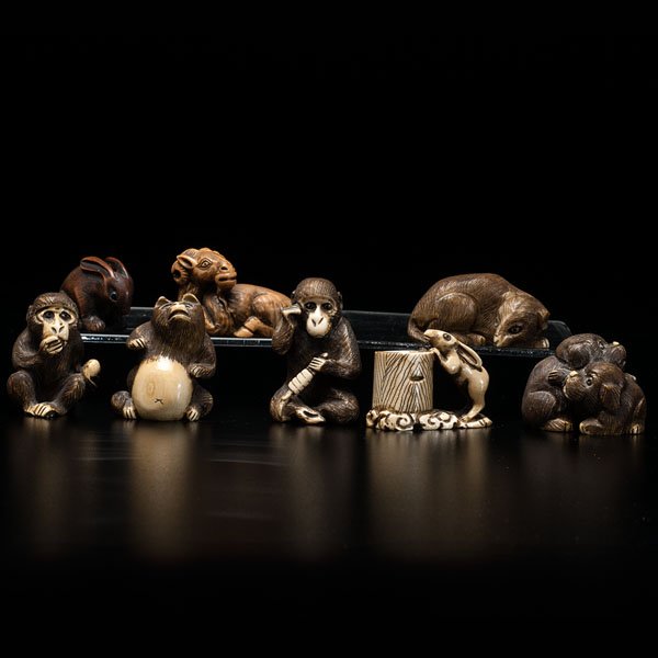 Fine Collection of Japanese Animal Netsuke : Fine Collection of Japanese Animal Netsuke A group of eight netsuke, all Meiji period, consisting of a pair of monkeys, a dog, a bear, a rabbit, a ram, and a sheep. All signed. Ht.: 2.5 in. (tallest
