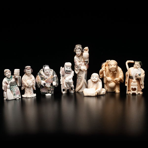 Group of Japanese Carved Ivory Netsuke : Group of Japanese Carved Ivory Netsuke Late 19th/early 20th century. A collection of eight Japanese polychrome netsuke, several signed on the underside. Ht.: 3.25 in. (tallest item). Provenan