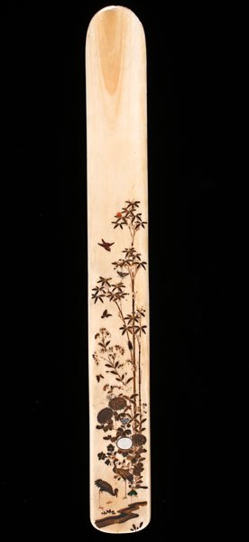 A Japanese Ivory Letter Opener : A Japanese Ivory Letter Opener Late 19th century. An ivory letter opener with painted polychrome designs, including birds, flowers, and trees. Length: 13.5 in. Provenance: Private Collection,