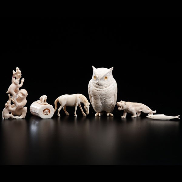 Group pf Chinese Ivory Carvings of Animals : Group pf Chinese Ivory Carvings of Animals Late 19th/early 20th century. A group of six ivory carvings of animals, including one fish, a horse, a tiger, an owl, monkeys with a frog, an elephant