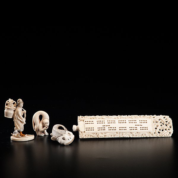 Collection of Chinese and Japanese Ivory Carvings : Collection of Chinese and Japanese Ivory Carvings Chinese and Japanese. Early 20th century ivory carvings, including a pair of Japanese netsuke, a rabbit and a fish, as well as an Okimono figure 