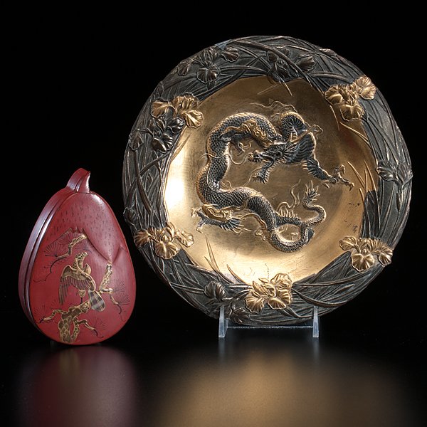Japanese Lacquer Box and Silver Gilt Tray : Japanese Lacquer Box and Silver Gilt Tray Early 20th century. A red lacquer pear-shaped box and a tray with dragon decoration. Dia. 8 in. (tray).