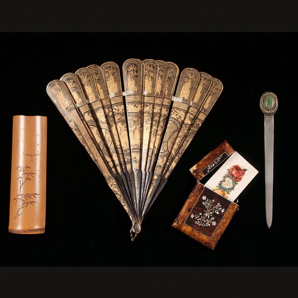Chinese Scholars' Items : Chinese Scholars' Items Chinese. A group of four scholars' items, including a tortoise shell and mother-of-pearl card case, a fine Chinese lacquer fan from Canton, a bamboo wrist rest, and finally a
