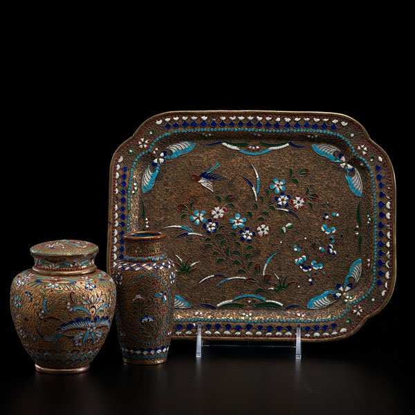 Chinese Champleve Tray and Covered Jars : Chinese Champleve Tray and Covered Jars Chinese, 20th century. A group of three champlevé items, including a tray, and a pair of covered jars. 10.75 x 8.5 in. (tray); ht. 4.75 in. (tallest jar).