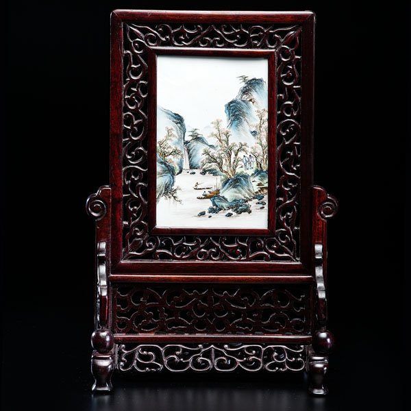 Chinese Porcelain Screen on Rosewood Stand : Chinese Porcelain Screen on Rosewood Stand Chinese, early 20th century. A porcelain screen on custom rosewood stand, famille verte scenic decoration in the manner of Daoguang period. Overall ht. 16.
