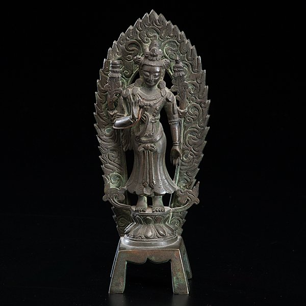 Chinese Bronze Altar Buddha : Chinese Bronze Altar Buddha Chinese, late 19th-early20th century. A Standing Buddha on altar, oxidized patina. Ht. 8.5 in.