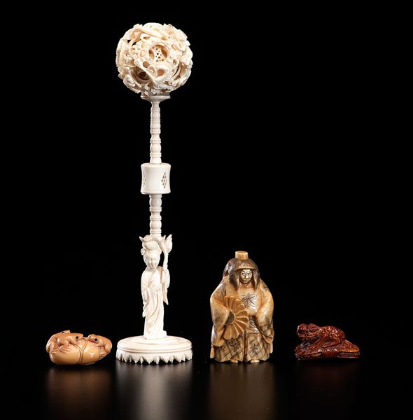 Chinese and Japanese Ivory Carvings : Chinese and Japanese Ivory Carvings Chinese and Japanese, 19th century. A group of ivory carvings, including a Chinese puzzle ball on stand, both ivory, as well as a stained and signed ivory frog ne