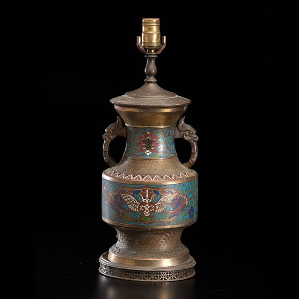 Chinese Champleve Lamp : Chinese Champleve Lamp Chinese, 19th century. Brass and applied enamel vase with elephant handles, converted to lamp. Ht. 13 in. (vase).