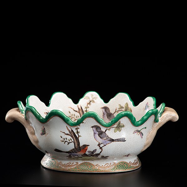 Unusual Chinese Ironstone Tureen : Unusual Chinese Ironstone Tureen Chinese, mid-20th century, possibly Republic Period. An ironstone tureen, artfully painted with birds and butterflies, scalloped rim. Four-character mark to undersid