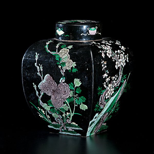Large Chinese Famille Noire Ginger Jar : Large Chinese Famille Noire Ginger Jar Chinese,19th century. A Chinese ginger jar, panel form, with floral famille noire decoration. Unmarked; ht. 8.5 in.