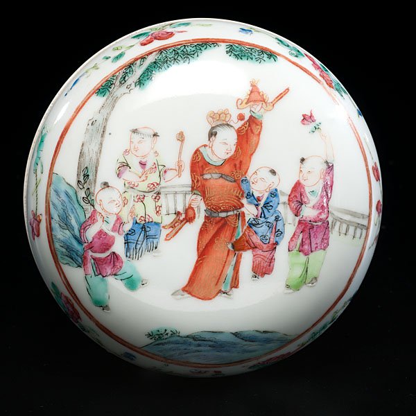 Chinese Famille Rose Seal Paste Box : Chinese Famille Rose Seal Paste Box Chinese, late 19th century. A seal paste box with famille rose decoration of children playing. Dia. 4 in.