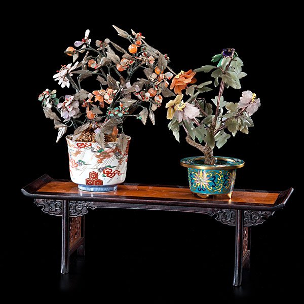 Chinese Hardstone Flower Pots on Rosewood Stand : Chinese Hardstone Flower Pots on Rosewood Stand Chinese, 20th century. A pair of hard stone and metalwork flower pots, one on cloisonné base, the other on Chinese Imari pot. Both are situated on a 
