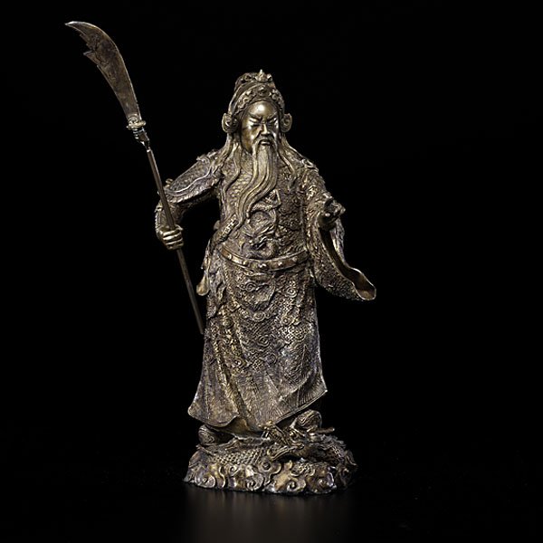 Chinese Bronze Kunti : Chinese Bronze Kunti Chinese, 20th century. A fine and crisp casting of Kunti, the god of war, atop cloud, encircling dragon, and separately cast naginata Ht. 22 in. (including weapon).