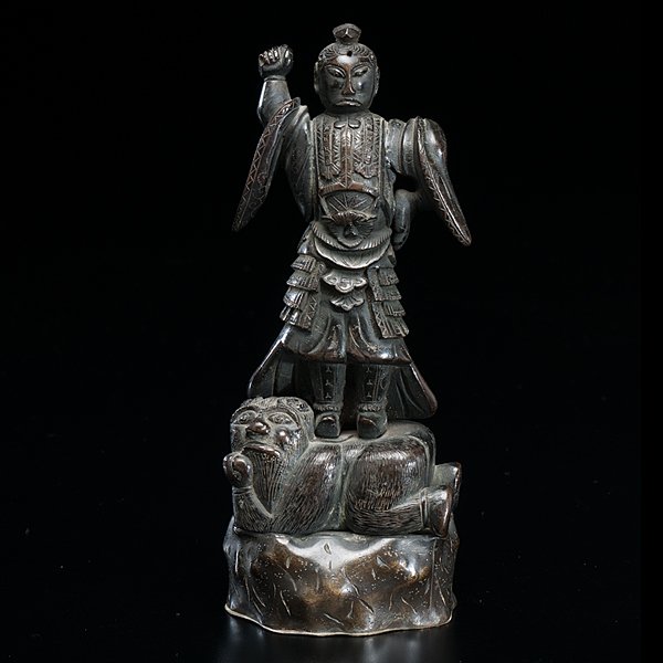 Japanese Bronze Warrior Sculpture : Japanese Bronze Warrior Sculpture Japanese. A bronze figure of a warrior wearing armor and standing on a Buddhist lion. Ht. 6.75 in.