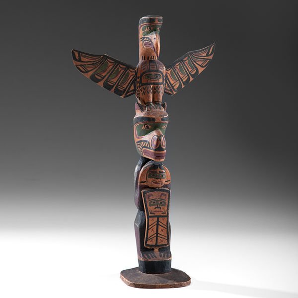 Charlie James (Kwakwaka'wakw, 1867-1938) Attributed: Charlie James (Kwakwaka'wakw, 1867-1938) Attributed Polychrome Totem two figure pole painted in green, red, and black; unsigned, height 13.5 in. first quarter 20th century