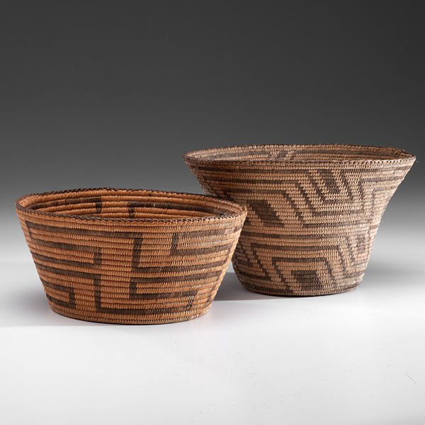 Pima Baskets : Pima Baskets lot of 2, both decorated with meandering line patterns, height 4.75 in. x diameter 10.5 in.; AND height 6.75 in. x diameter 11 in. first quarter 20th century Provenance: Property from