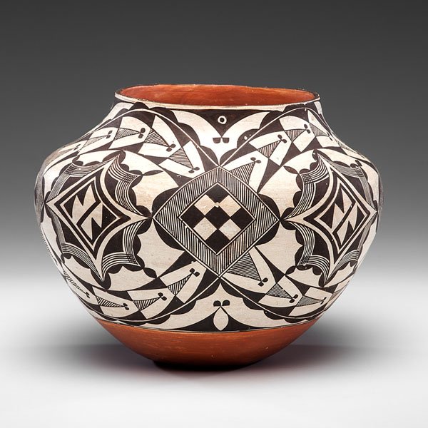 Mary Histia (Acoma, 1881-1973) Jar : Mary Histia (Acoma, 1881-1973) Jar made with a globular form and decorated using finely hatched geometric and stylized bird designs; Acoma Sky City, New Mexico, Mary Histia written on base, height 8
