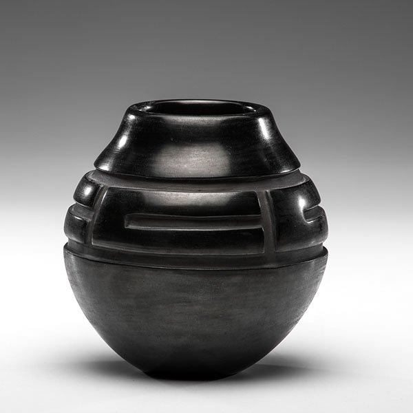 Toni Roller (Santa Clara, b. 1935) Carved Blackware: Toni Roller (Santa Clara, b. 1935) Carved Blackware Jar globular form with a band of deep geometric carving around shoulder; signed and dated on base, height 5.25 in. x diameter 5 in. November 1985�