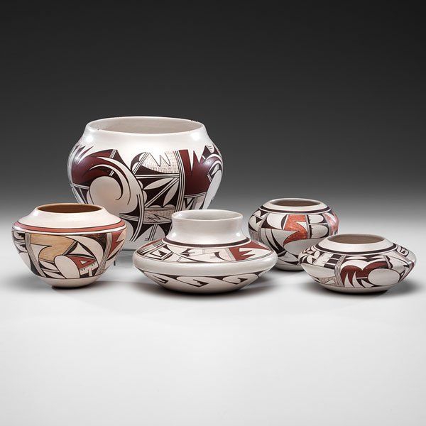 Navasie Family Hopi Pottery : Navasie Family Hopi Pottery lot of 5, including a jar made with a sharp shoulder by Joy Navasie, Second Frog Woman (1919-2012), signed on base with frog hallmark, height 3.75 in. x diameter 7.5 in