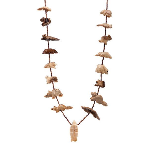 Pueblo Heishi Fetish Necklace : Pueblo Heishi Fetish Necklace single-strand fetish necklace with an assortment of 17 carved bone animals including rabbits, turtles, armadillos, beavers, foxes, frogs, and squirrels; animals separat
