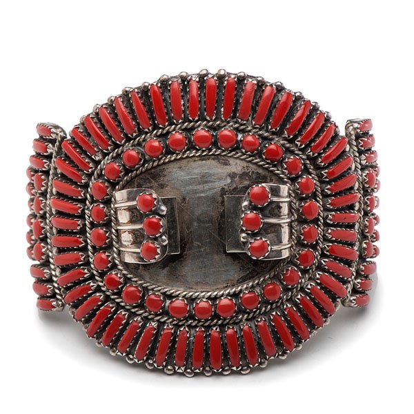 Lillian Francisco (Laguna, 20th century) Coral: Lillian Francisco (Laguna, 20th century) Coral Needlepoint Watch Cuff with more than 100 pieces of coral; signed LF, inside length 5.3 in. x width 2.25 in. x gap 1.2 in. ca 1970