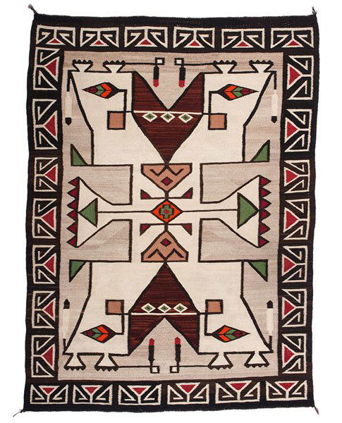 Navajo Teec Nos Pos Weaving / Rug : Navajo Teec Nos Pos Weaving hand-spun wool finely woven using colors of dark brown, red, cream, orange, and green; a bold meandering design fills central field and is surrounded with a triangular ho