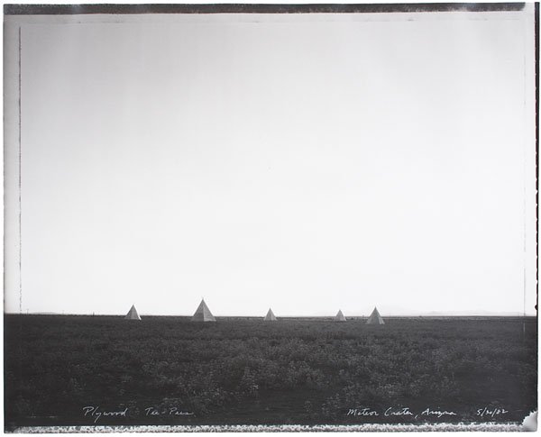 Mark Klett (American, b. 1952) Silver Gelatin Print : Mark Klett (American, b. 1952) Silver Gelatin Print Plywood Tree-Pees, Meteor Crater, Arizona signed, titled and dated by artist 16 x 20 in. (sight) 5/30/82 Provenance: Rick Wester Photographic