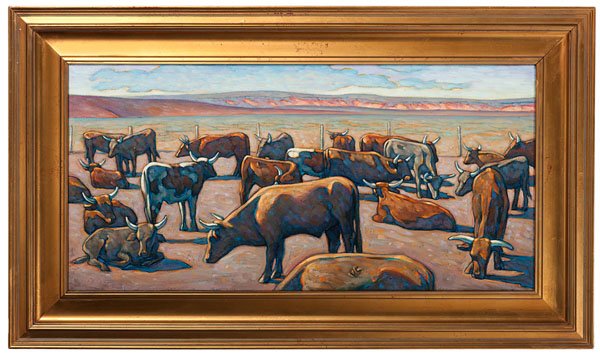 Howard Post (American, b. 1948) Oil on Canvas : Howard Post (American, b. 1948) Oil on Canvas Corrientes Cattle Signed H E Post © l.l. Housed in a gilt wood frame 19.5 in. x 39.5 in. (sight).