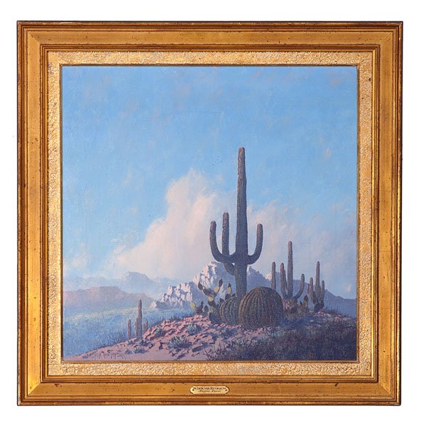 Jack Van Ryder (American, 1898-1968) Oil on Board : Jack Van Ryder (American, 1898-1968) Oil on Board Arizona Desert Signed Jack Van Ryder l.l. Title inscribed on frame plaque Housed in a gilt wood frame 19.5 in. x 19.5 in. (sight).