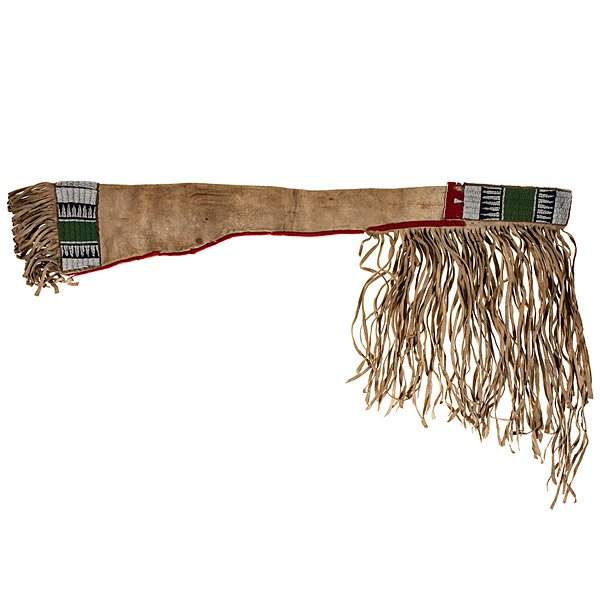 Crow Beaded Hide Rifle Scabbard : Crow Beaded Hide Rifle Scabbard thread and sinew-sewn, with recycled beaded strips executed in colors of dark blue, pea green, and white; strip of red wool edges lower seam, length 43.5 in.; length 