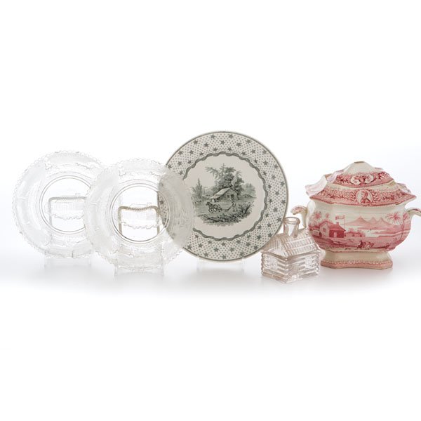 William Henry Harrison Plates and Sugar Bowl, Plus : William Henry Harrison Plates and Sugar Bowl, Plus 19th century. A group of four historical William Henry Harrison wares, including a pink transferware sugar bowl with lid decorated with portrait me