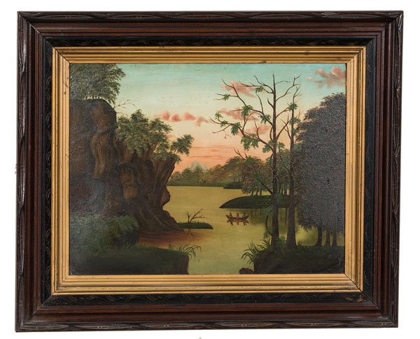 Folk Art Landscape : Folk Art Landscape American, 19th century. Oil on board, a folk art river landscape featuring Native Americans in canoe; 12.75 x 17 in. Provenance: From the Estate of Kenneth Erwin, Portland, Mic