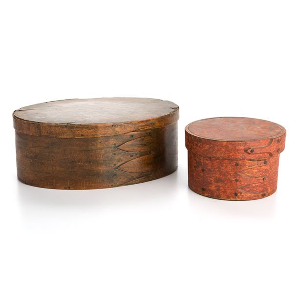 Shaker Four-Finger Oval Covered Box, Plus : Shaker Four-Finger Oval Covered Box, Plus American, 19th century. A Shaker oval covered box, having a pine top and bottom with bent maple sides, joined with four fingers facing right and copper tack