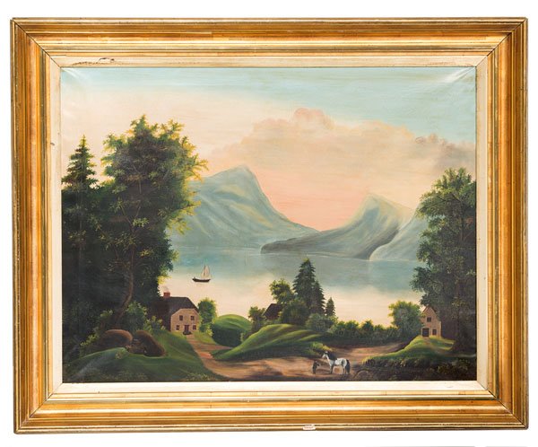 Hudson River School Landscape : Hudson River School Landscape American, ca 1860s-1870s. Oil on canvas painting of a home with lake and mountainous background, unsigned, and housed in lemon gilt frame; 25.5 x 33.75 in. (sight).�