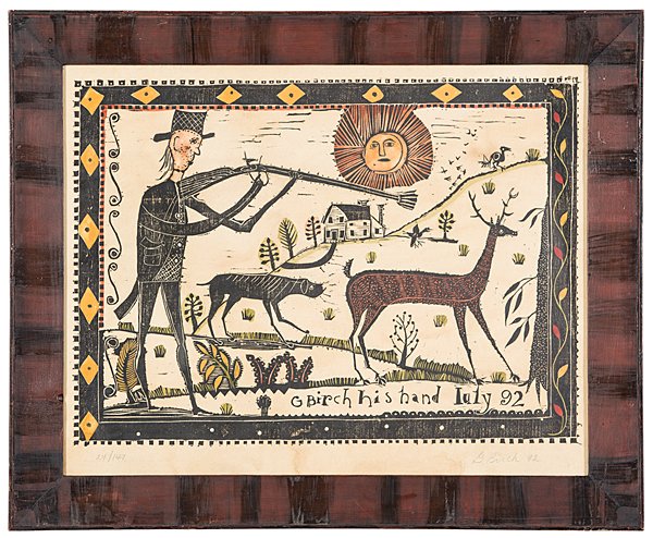 Gary Birch Hand-Colored Woodcut : Gary Birch Hand-Colored Woodcut Gary Birch (Ohio, born 1946). A hand-colored woodcut with geometric and foliate border, the central scene depicting a hunter taking aim at a large buck at which his d