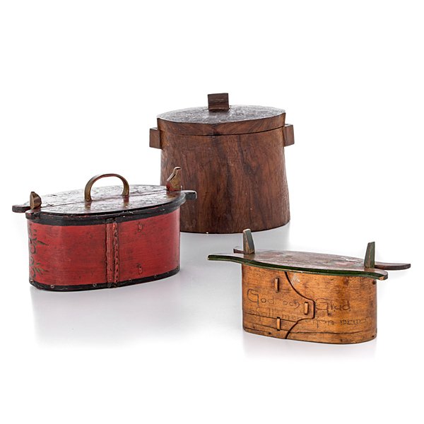 Paint Decorated Lidded Boxes : Paint Decorated Lidded Boxes Continental (likely Scandinavian), 19th century. A group of three lidded boxes, including a crude box in oak with triangular handles and two oval tine boxes with bentwoo