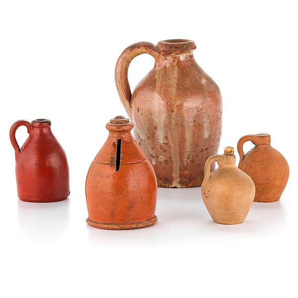 Miniature Earthenware Jugs and Bank : Miniature Earthenware Jugs and Bank American, 19th century. Lot of five includes four jugs and one bank; largest ht. 5.25 in. Provenance: From the Estate of Kenneth Erwin, Portland, Michigan