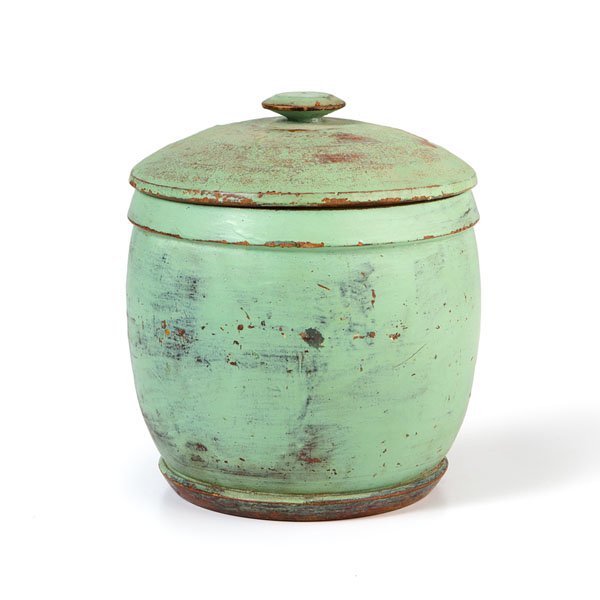 Treen Canister in Green Paint : Treen Canister in Green Paint American, 19th century. A treen canister in yellow poplar, retaining old green paint; ht. 8.5, dia. 7 in. Provenance: From the Estate of Kenneth Erwin, Portland, Mic