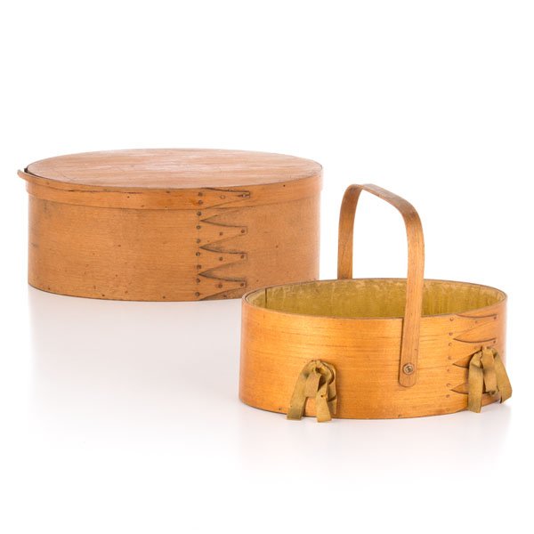 Shaker Sewing Caddy and Pantry Box : Shaker Sewing Caddy and Pantry Box American, 19th century. An oval lidded Shaker pantry box in pine, four plus one fingers with copper tacks and an oval, four-finger Shaker sewing caddy with handle,