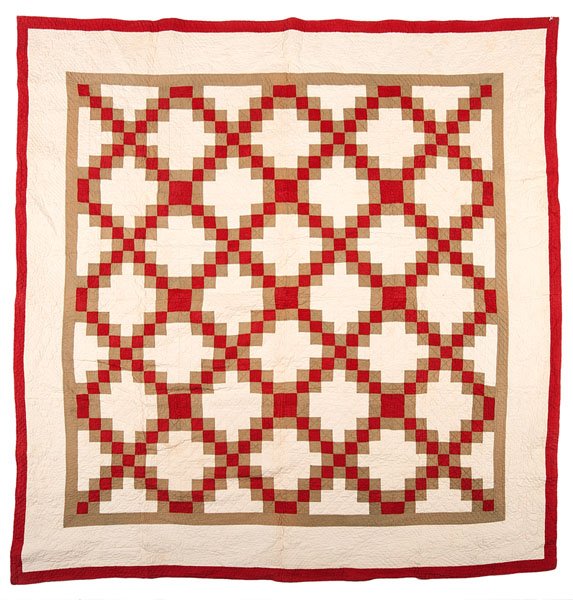 Double Irish Chain Quilt : Double Irish Chain Quilt American, 19th century. A pieced quilt having a double Irish chain pattern in red and green on a diamond quilted white ground, with a white feather stitched border and wide