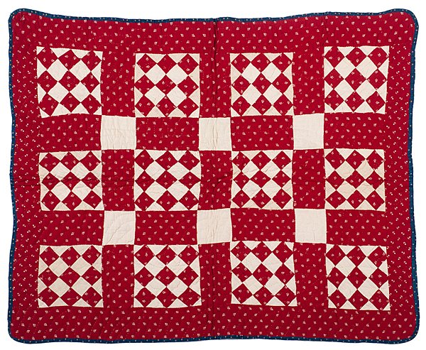 Pieced Crib Quilt : Pieced Crib Quilt American, 19th century. A pieced red and white crib quilt with a thin blue binding. solid white backing, and rounded corners; 26.25 x 33.5 in. Provenance: Property from the Estat