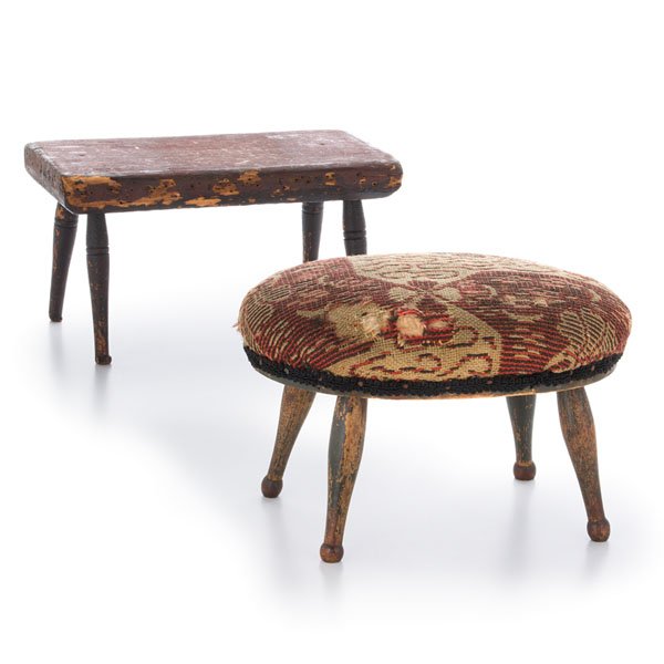 Sheraton-Style Children's Foot Stools : Sheraton-Style Children's Foot Stools American, early 19th century. Two children's foot stools in the style of Sheraton, one in pine with red-painted rectangular top and spindle legs and the other w