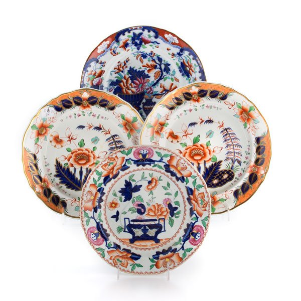 Group of Gaudy Ironstone : Group of Gaudy Ironstone English, 19th century. A group of four gaudy ironstone plates with floral patterns. Two marked Davenport, one marked Stone China No. 6, and one marked New Stone; largest dia
