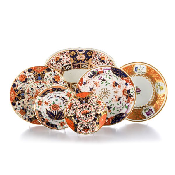 Davenport and Royal Crown Derby Imari-Style Tablewares,: Davenport and Royal Crown Derby Imari-Style Tablewares, Plus English, 19th century. An assembled group of five Imari-style dishes by Davenport and Royal Crown Derby. Lot includes three plates, one b