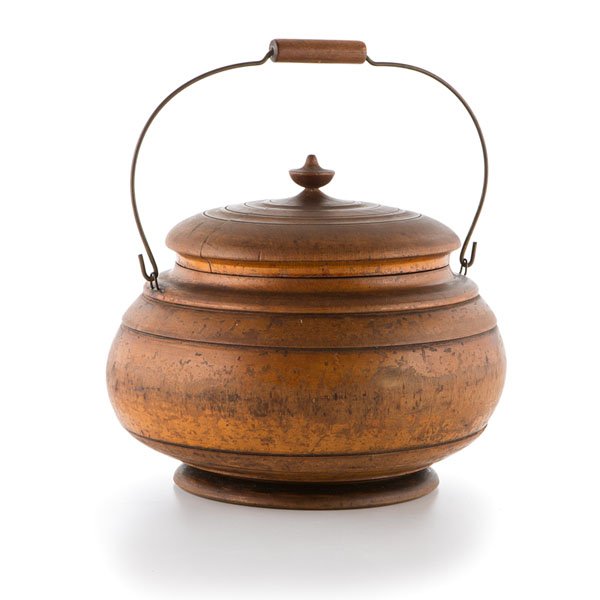 Large Peaseware Covered Jar with Bail Handle : Large Peaseware Covered Jar with Bail Handle American, 19th century. A well-turned lidded peaseware jar with a bail handle and finial; ht. 9 in. Provenance: Property from the Estate of Jane Murp