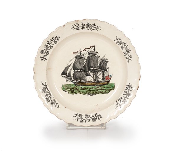 Creamware Plate with American Merchant Ship : Creamware Plate with American Merchant Ship English, 19th century. A black transfer-printed, scalloped-edge creamware plate with hand-colored three-masted ship flying an American flag, unmarked; dia