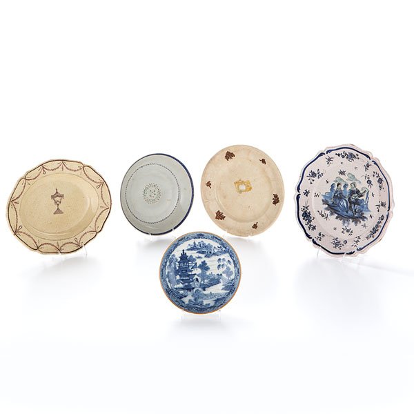 English Creamware Undertray, Plus : English Creamware Undertray, Plus English, 19th century. A creamware undertray with transfer decoration of a centered urn and garlands around the rim, PLUS a prattware plate with luster-glazed sprig