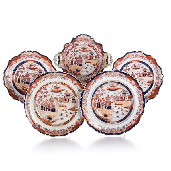 Imari-Style Ironstone Tablewares : Imari-Style Ironstone Tablewares English, 19th century. An assembled group of five ironstone dishes including two salad plates, a dinner plate, a soup bowl, and a two-handled serving dish, all havin